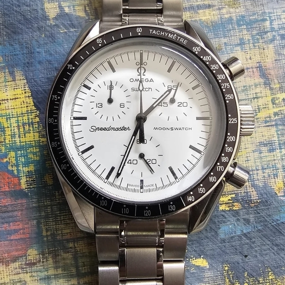 SWATCH MOONWATCH 1965 Speedmaster STAINLESS STEEL CASE YOU PICK BEZEL COLOR 42mm